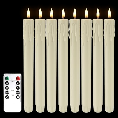 LIVEN 8 Pack LED Flameless Taper Candles with Timer, Dripless Fake Candlesticks with 3D Flickering Flame, 9.6 Inches White Window Candle for Fireplace Christmas Halloween