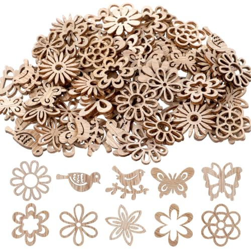100 Stück Holz Streudeko Holz Schmetterlinge Blumen Vögel Deko Holzkonfetti zum Basteln Holzblumen Dekoration für Tischdeko DIY Handwerk Scrapbooking Verzierungen Hochzeit Weihnachten Geburtstag