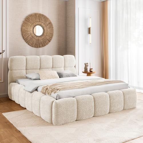 Home Collective Polsterbett Doppelbett Bubble Bett mit Stauraum viele Größen und Farben | inkl. Metall-Lattenrost | bodennahes Design Schlafzimmer Jugendzimmer Möbel | Creme 140x200 cm