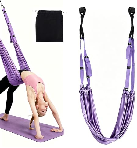 Aerial Yoga Schaukel – Yoga Gurt Aufhängen mit Tasche, Verstellbares Aerial Yogatuch für Türrahmen ohne Bohren, Turnband Hängematte für Spagat Pilates Ballett Gymnastik Stretching（Lila)