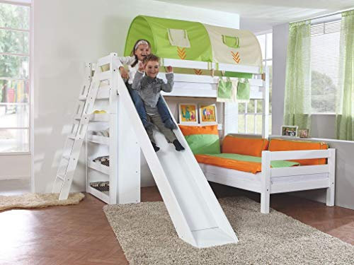 Froschkönig24 Etagenbett Sky Kinderbett mit Rutsche Spielbett Bett Weiß Stoffset Indianer