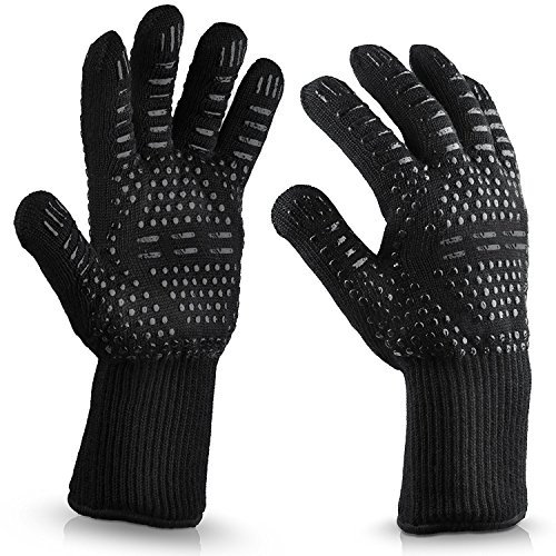 Grillhandschuhe Hitzebeständig bis 800°C, Ofenhandschuhe Topfhandschuhe Feuerfeste Handschuhe BBQ Handschuhe Kochhandschuhe Backhandschuhe Backofenhandschuhe (schwarz)
