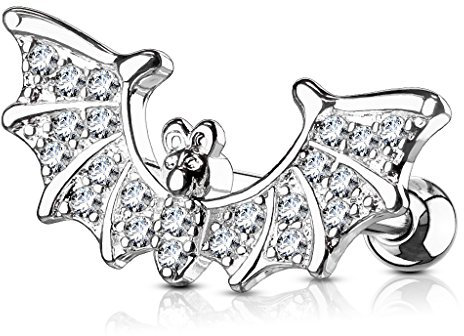 BlackAmazement Cartilage Tragus Helix Barbell Ohrstecker Bat Fledermaus 316L Edelstahl Zirkonia CZ Gold Silber klar Damen (Silber)