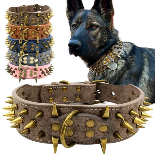 The Mighty - Collar de Perro Grande con Tachuelas, Protege el Cuello de tu Perro de mordeduras, Duradero y Elegante, para Perros medianos y Grandes (Gris L)