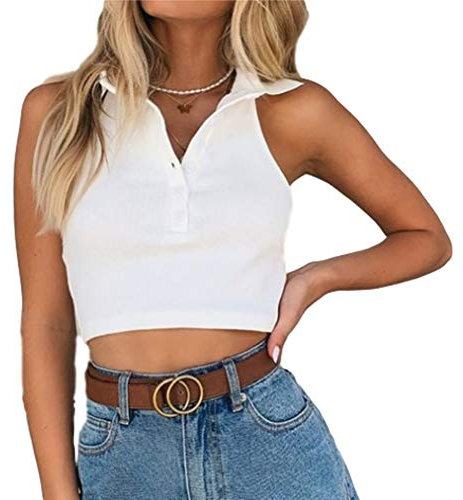 AYIYO Damen Polo Crop Top Slim Ripp Button Down Rückenfrei Neckholder Knit Cami Shirts Gr. M, weiß