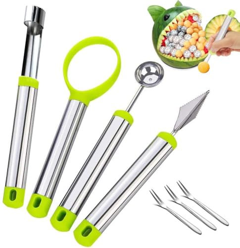 BITEFU Juego de 7 utensilios de cocina para frutas, multifunción, acero inoxidable, apto para alimentos, descorazonador de manzanas, cortador de melón, cuchillo para tallar, cuchillo para tallar con