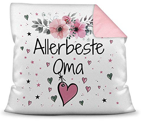Kissen inkl. Kissenfüllung mit Spruch - Allerbeste Oma - Beste Geschenkidee für Familie und Freunde - Farbkissen Rückseite Rosa
