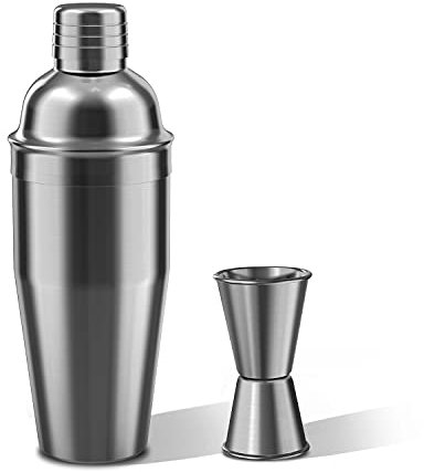 LUCKYGOOBO Cocktail Shaker with Double Measuring Jigger,18/8 Stainless Steel 750ML Martini Shaker Set,Drink Shaker Built-in Strainer,Bartender Kit. (Black)