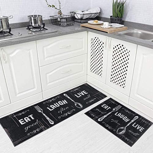 Carvapet 2 Stück Küchenteppich Waschbar rutschfest Küchenläufer Gedrucktes Muster Küche Bodenmatte Läufer Teppich (Blacksih)