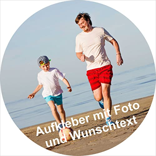 INDIGOS UG Fotoaufkleber - 40mm rund - 10 Sticker Namensaufkleber für Kinder Schule, Einladungen, Hochzeit, Taufe, Verlobung, Kommunion, Geburtstag, Party - personalisiert mit Wunschtext