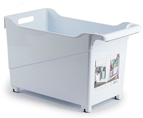 Tradineur - Carrito multiusos de plástico con ruedas y asa Nº2, cesta organizadora para productos de limpieza, baño, cocina (Blanco, 28 x 23,7 x 45 cm)