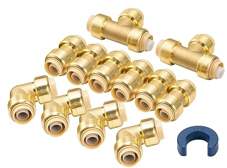 WMAXPFIT PEX Rohrverschraubung 1/2 Zoll Set, Messing Push Fit Fitting 1/2 Zoll Set mit 90 Grad Winkel, T-Shirt & Kupplung, Push to Connect für schnelle Verbindung an PEX Tube 12 Stück
