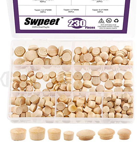 Swpeet Lot de 230 bouchons en bois de 2 styles 3/8, 7/16, 1/2, 17/81,3 cm, 15/81,3 cm, 19/81,3 cm, bouchons à vis, assortiment de bouchons à vis en érable