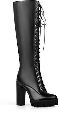ANN CREEK Women's Black Lace Up Knee High Platform Boots Lug Sole High Chunky Heel Boots