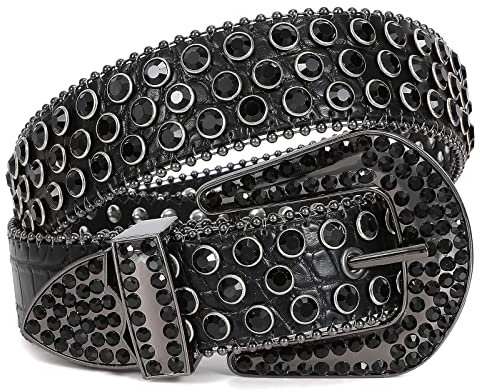 LEACOOLKEY Damen Männer Mode Strass Gürtel, Western Cowgirl Nieten Punk PU Ledergürtel für Jeans