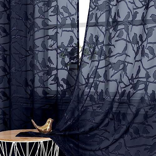 OVZME Anji Navy Blue Sheer Curtains 96 Inches Length 2 Panels Set for Living Room Bedroom, Burnout Clip Sheer Curtain Window Curtains Farmhouse Voile Drapes for Sliding Door, Dual Rod Pocket, 38Wx96L