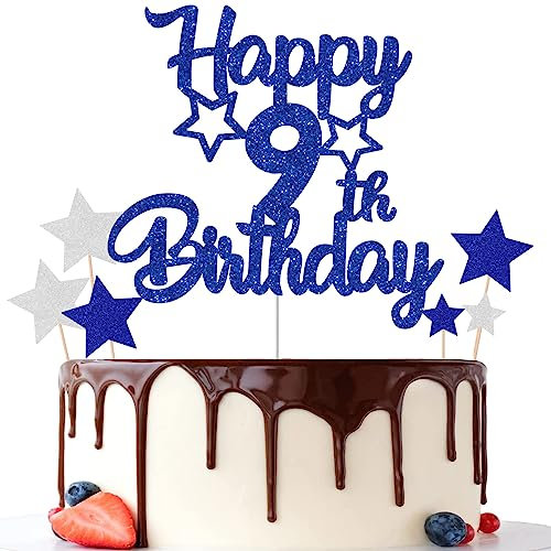 Gidobo 9th Birthday Cake Toppers, Blue Glittery Cake Decorations with Stars, Nine Years Old Birthday Party Supplies for Boys and Girls