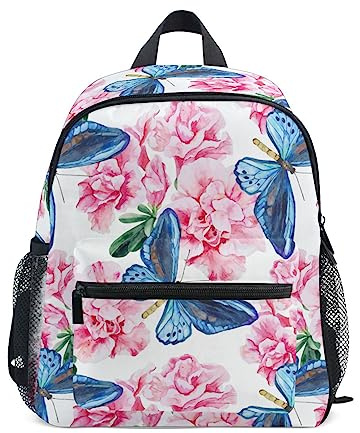Kleinkind Rucksack für Jungen/Mädchen Niedlich Kinder Kindergarten Schule Buch Tasche Reise Daypack mit Brustgurt Rosa Azalee und Blaue Schmetterlinge, Mehrfarbig, Small
