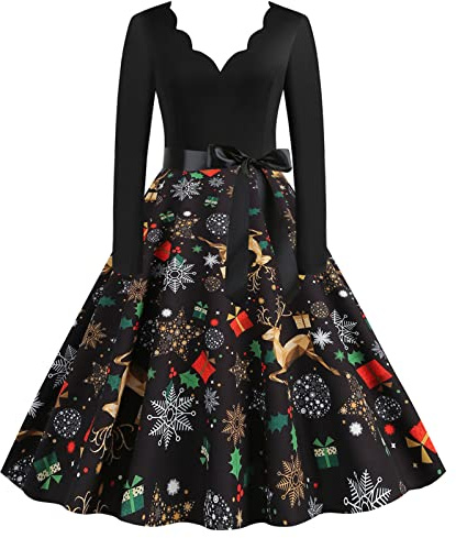WVONIF Robe De Noël Femme Grande Taille Robe Moche Noel Automne Hiver Robe Noire Femme Chic Noël Trapèze Mariage Cocktail Soirée Fête Cérémonie Décontractée au Genou Midi Costume Sapin De Noël
