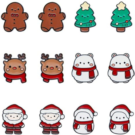 SUPERFINDINGS 12 Stück 6 Stile Weihnachts Email Anstecknadeln Elektrophorese Schwarze Legierungsbroschen Niedlicher Schneemann Hirsch Weihnachtsbaum Weihnachtsmann Muster Metall Anstecknadel