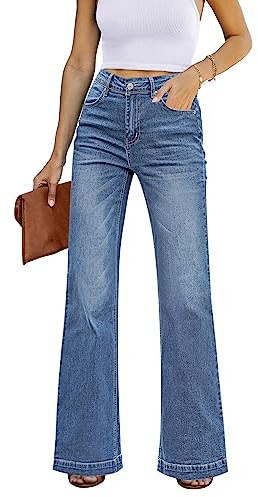 Roskiky Pantalon évasé pour femme, taille haute, jambes larges, baggy, jean, stretch, XS