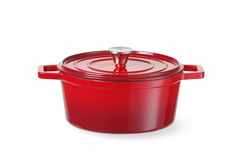 HENDI Gusseisentopf, mit Deckel, für alle Wärmequellen (inkl. Induktion), Kochen-Schmoren-Braten, Ofenfest, 3,7L, 317x240x(H)105mm, Emailliertes Gusseisen, rot