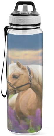 Sports Water Bottle Palomino Horse in Flowers Tritan Drinking Bottle with Straw Large 1000ml BPA-Free Clear Leakproof for Kids Boys Girls Women Men Gym School