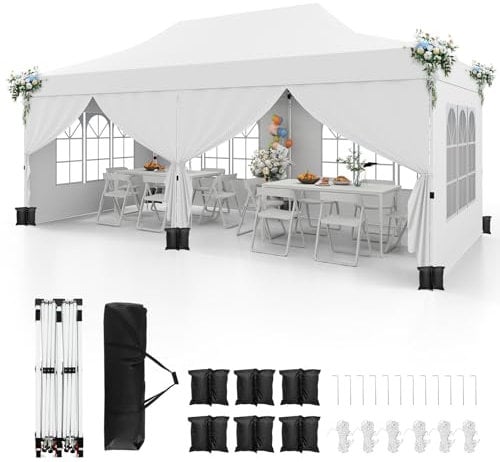 COSTWAY 3m x 6m Pop Up Gazebo, Outdoor Garden Shelter with 6 Sidewalls and Carrying Bag, Marquee Party Tent Wedding Awning Canopy (White)