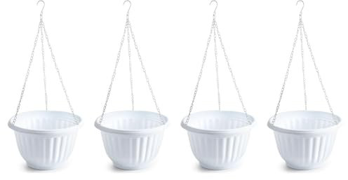 Acan Tradineur - Pack de 4 macetas Redondas Colgantes de plástico, Tiesto, macetero, Recipiente para Plantas, Flores, balcón, terraza, hogar, Fabricada en España (Blanco, 25 x 15 cm)