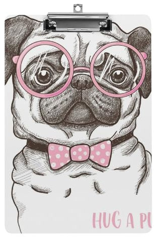 Klemmbrett mit rosa Brille und Mops-Motiv, Briefgröße, Büroklammern, Still-Klemmbrett, Schreibbrett, Dokumentenhalter