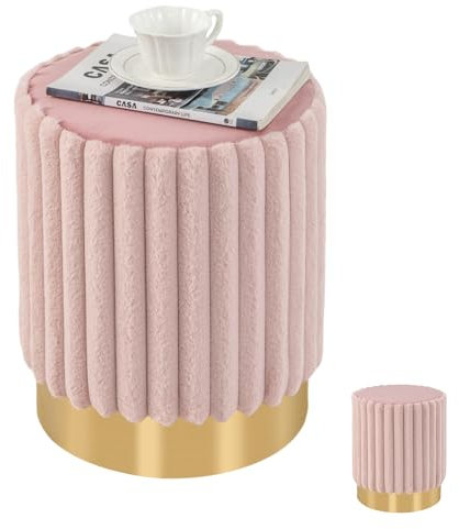 HOMASIS Pouf Contenitore Rotondo, Poggiapiedi Imbottito in Velluto, Sgabello da Trucco Elegante con Base in Metallo Dorato per Soggiorno, Camera da Letto, 37 x 43 cm, Rosa