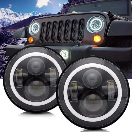 SUPAREE LED Scheinwerfer 7 Zoll Rund Mit 3000K+6000K Halo Ring Angel Eyes Bernstein Blinker DRL Hi/Lo Beam für Wrangler JK/TJ/LJ