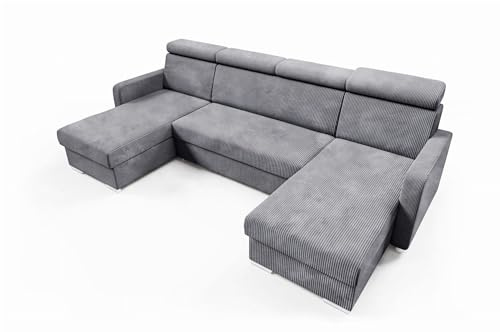 LIKMA Grau Ecksofa Mako U-Form 274x165 cm mit Schlaffunktion (254x125 cm) Eckcouch mit Bettkasten und Verstellbare Kopfstützen Wohnlandschaft Bettsofa mit Stauraum Polstermöbel Sofa 4 Sitzer