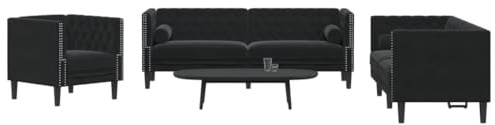 Willood 3-Sitzer Sofa Chesterfield Sofa Set mit Nackenrollen Couch für Wohnzimmer Wohnzimmersofa Wohnzimmermöbel Schwarz Samt
