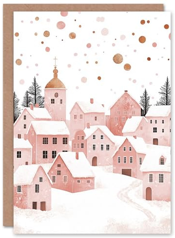 Artery8 Pink Gold Snow Townscape Winter Watercolour For Her Woman Christmas Card