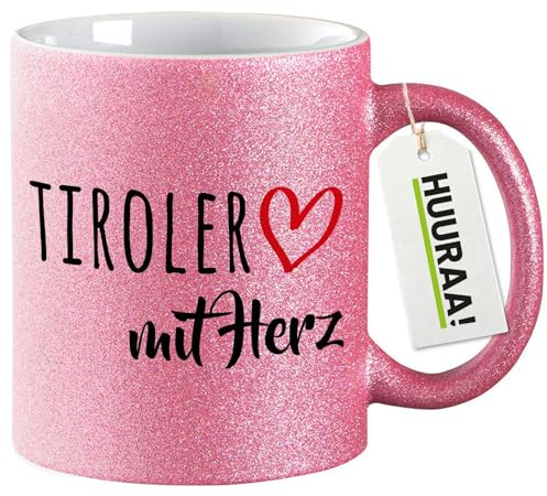 Huuraa Glitzertasse Tiroler mit Herz Geschenk | Motivtasse 330ml Glitzer Tasse mit Spruch Pink Keramik Kaffeebecher Geschenkidee Pinker Glitter Becher mit Motiv