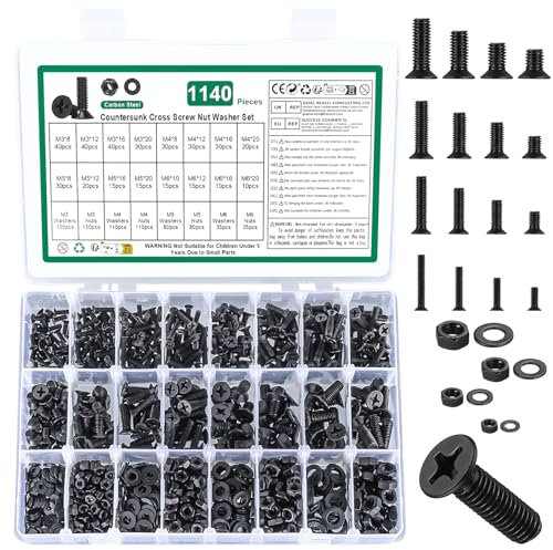 1140 Pz Set di Vis M3 M4 M5 M6, Viti Bulloni e Dadi Set, Bulloni Viti a Testa Svasata e Dadi e Rondelle, Bulloni Viti a Testa Piatta con Dadi, Viti Bulloni a Testa Svasata a Croce(Nero, M3 M4 M5 M6)
