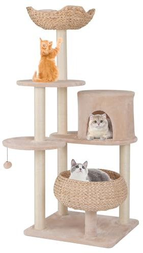 COSTWAY Kratzbaum mit Katzenhöhle, 146 cm, Katzenbaum mit Sitzstange & Katzenkorb aus Rohrkolben, Spielball, Sisalpfosten, Platformen, mehrstufiger Kletterbaum, Katzenkratzbaum Katzen, Beige+Natur
