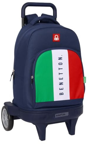 Safta BENETTON FLAG Großer Rucksack mit Rädern, kompakt, abnehmbar, ideal für Kinder verschiedener Altersgruppen, bequem und vielseitig, Qualität und Widerstandsfähigkeit, 33 x 22 x 45 cm, marineblau,