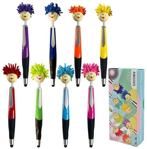 8pcs Mop Head Ballpoint Pens, Funny Mophea Topper Pen with Plush Hair Writing Click Pen Portable Cute Cartoon Multi-function Signing Pen Decor Gift for Office Home Kids and Adultes 8-color outfit