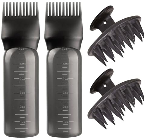 6 oz Large capacity Root Comb Applicator Bottle, Hair dye brushRoot Comb Squeeze Applicator Bottles with Graduated Scale for Salon Hair Coloring Dyeing Scale for home DIY Use. (Black, 4 pcs)