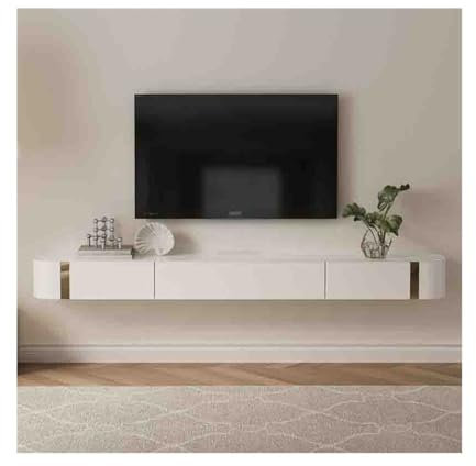 Banc TV Meuble TV flottant mural for sous les téléviseurs, console multimédia flottante avec 2 tiroirs et 1 armoire, meuble TV moderne en bois d'hévéa avec plateau en verre trempé Meuble TV(240x24x18c