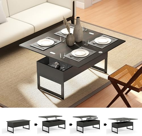 Manora Couchtisch Ausziehbar und Höhenverstellbar,Wohnzimmertisch mit stauraum,Couchtisch Verstellbar,Kaffeetisch aus Holz Sofatisch für Wohnzimmer,Industrial Style (Schwarz)
