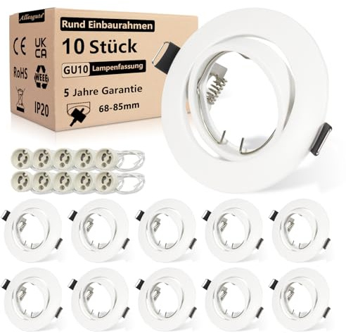 Allesgute 10er Einbaustrahler GU10 Rahmen 68mm, Matt Weiß, LED Spots 230V 360°Schwenkbar, Rund Einbaurahmen Deckenspots Inkl. GU10 Fassung für LED oder Halogen Leuchtmittel