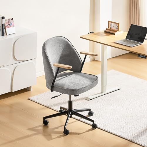 CLIPOP Ergonomic Fabric Office Desk Chair with Wood Arms, Tilt Swing Back Support Swivel Chair for Living Room Home Office Chair Padded Cushion Seat, Adjustable Height, 6 Wheels (light grey, 1 piece)