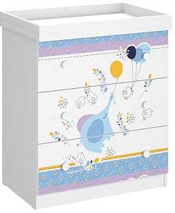 Shefa Kids 888 White Elephant with balloon 3-Drawer Baby Changing Table with Drawers – Baby Changing Unit & Diaper Changing Station, Convertible Changing Table Unit, Nursery Furniture