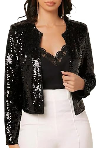 Fjquamitix Women's Elegant Sequin Jacket, Long Sleeve Open Front Glitter Short Cardigan, Sparkly Shrug UK for Wedding Guest, Parties & Casual Wear (UK, Alpha, L, Regular, Regular)