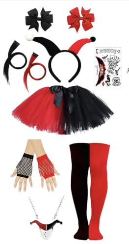 Yi'antai Cosplay Kostüm, Suicid Kostüme Cosplay, Clown Kostüm mit Tüllrock Haarschleife Handschuhe Halskette Socken Kopfschmuck, Joker Kostüme, Karneval Cosplay Kostüme
