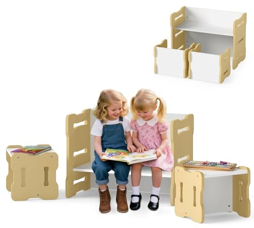 COSTWAY Kindertisch mit 2 Stühlen, 6 in 1 Maltisch & Kinderbank & Kinderschreibtisch, 3-teilige platzsparende Kindersitzgruppe aus Holz, Kinder Tisch Stuhl Set für Kleinkinder ab 3 Jahren (Natur)