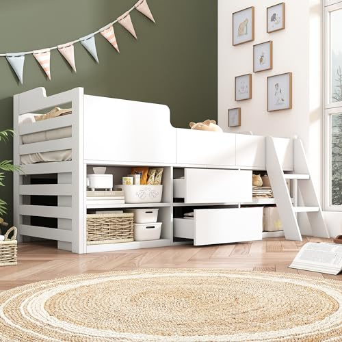 Su & Chan Legence 3FT Mid Sleeper Cabin Bed Frame, Kids Single Bed with Storage and Shelf, Wooden Bed Frame with Ladder, Safety Rails Guard, 90 x 190cm, White (Without Mattress)